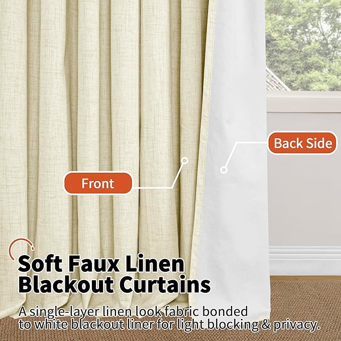 40 Inch Length Linen Blackout Curtains for Short Cafe Window, Thermal Insulated Light Blocking Soundproof Privacy Burlap Curtains 2 Panels, Each 38 Inch Wide Cream