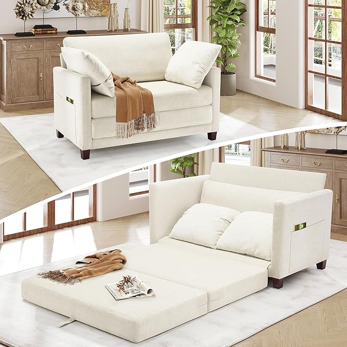 51" Loveseat Sleeper Sofa Bed, Chenille Convertible Floor Sofa Bed for Small Spaces, Folding Couch Bed with Deep Seat, 2 Pillows & Solid Frame, Pull Out Floor Couch for Living Room, Beige