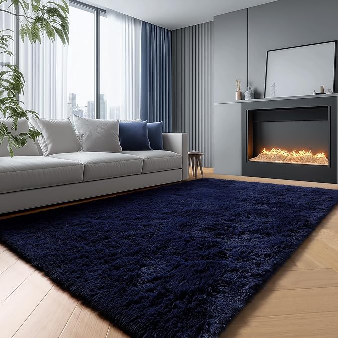 PAGISOFE Navy Blue Rug 4x6, Fluffy Dark Blue Rugs for Bedroom, Modern Indoor Carpets for Living Room, Non-Slip Carpet for Kids Boys Girls Teen Dorm Nursery Room Decor, Super Soft Bedside Rugs Blue