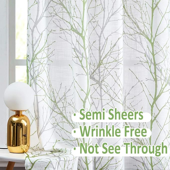FMFUNCTEX Linen Semi Sheer Curtains for Bedroom, Sage Green White Curtains 45 Inches Long for Living Room, Grey Tree Branch Print Curtain Light Filtering Kitchen Window Drapes, Grommet Top 2 Panels