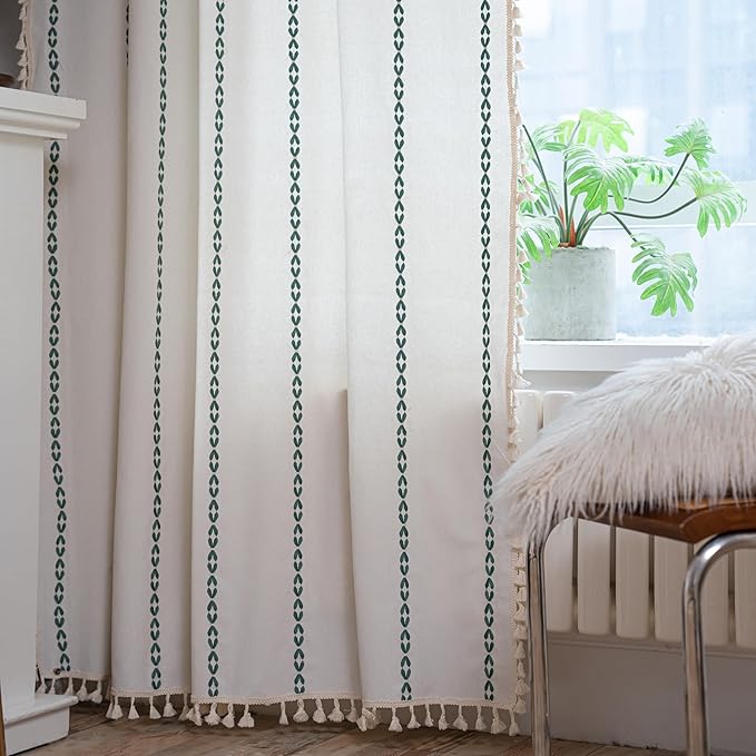 Sutuo Home Boho Curtains 90 inches for Bedroom Living Room, Semi Blackout Farmhouse Tassels Vintage Privacy Bohemian Embroidery Drape, Rod Pocket 1 Panel 52" W x 90" L, White and Emerald Green