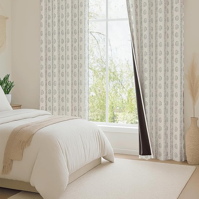 100% Boho Blackout Curtains 84 Inches Long for Bedroom, Black on Beige Patterned Bohemian Curtains for Living Room, Geometric Striped Thermal Insulated Window Drapes Gromment Top 2 Panels