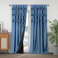 Luxurious Dusty Blue Blackout Curtains with 3 Rows of Handmade Butterfly Flower Ruffles, Room Darkening and Soundproof Window Curtain 54" x 84", 2 Panels, Machine Washable (LQ-37)