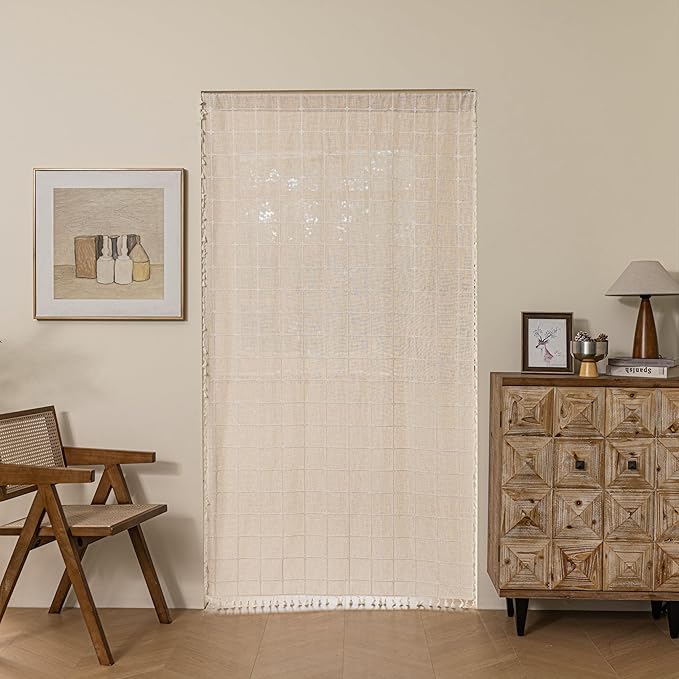 Sutuo Home Boho Door Window Curtains, Bohemian French Country Door Semi Blackout Curtains for Doorway Tassels Privacy Vintage Chic Stripes Decor, Rod Pocket 1 Panel 37" W x 80" L, Light Coffee Plaids
