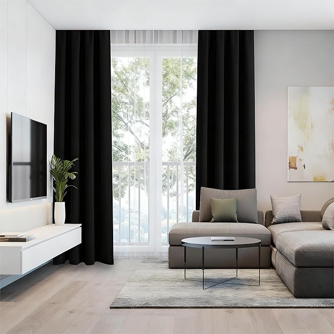 Black Blackout Curtains 108 Inch Length 2 Panels Set, Black Out Curtains for Bedroom 108 Inch Long, Rod Pocket Energy Saving Room Darkening Drapes for Living Room Window(W52 x L108)