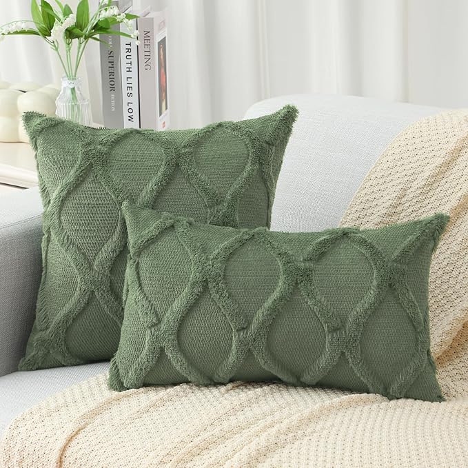 decorUhome Spring Throw Pillow Covers 12x20 Inch Set of 2, Soft Plush Faux Fur Wool Lumbar Olive Green Couch Pillow Covers, Decorative Neutral Pillow Cases for Bed Sofa Living Room Home Decor
