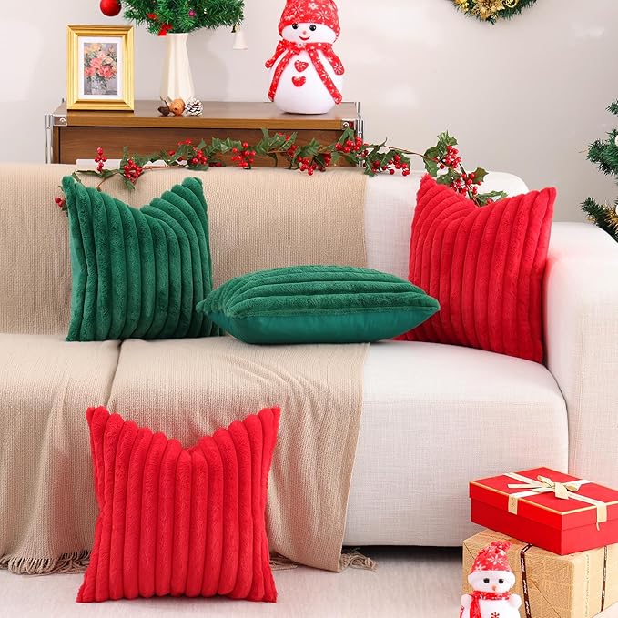 Pallene Faux Fur Plush Lumbar Christmas Throw Pillow Covers 12x20 Set of 2, Luxury Soft Fluffy Striped Decorative Pillow Covers for Sofa, Couch, Living Room, Christmas Green