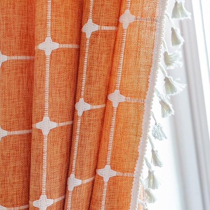 Sutuo Home Boho Curtains Plaids for Nursery, Bohemian Semi Blackout Linen Country Tassels Window Treatment Embroidery Drape for Fall Halloween Decor, Rod Pocket 1 Panel 52" W x 72" L, Burnt Orange