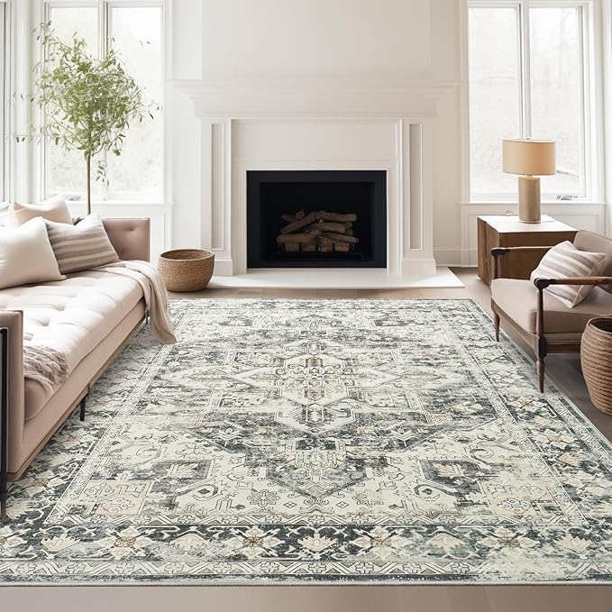 zesthome 8x10 Area Rugs-Washable Rug for Living Room, Non-Slip Backing Rugs, Stain Resistant 8x10 Rug for Bedroom, Ultra-Thin Low Pile Rugs, Vintage Large Home Decor