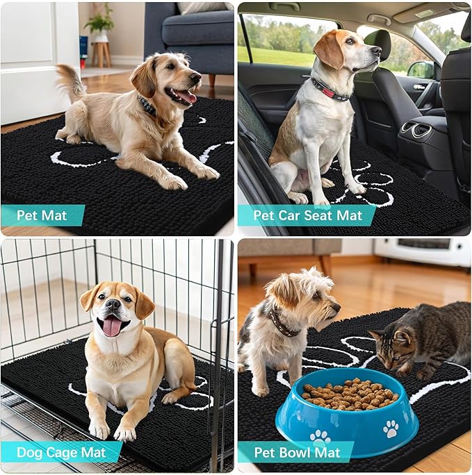 OLANLY Dog Door Mat for Muddy Paws 24x16, Paw Print Design, Absorbs Moisture and Dirt, Absorbent Non-Slip Washable Doormat, Quick Dry Chenille Mud Mat for Dogs, Entry Indoor Entryway Carpet, Black
