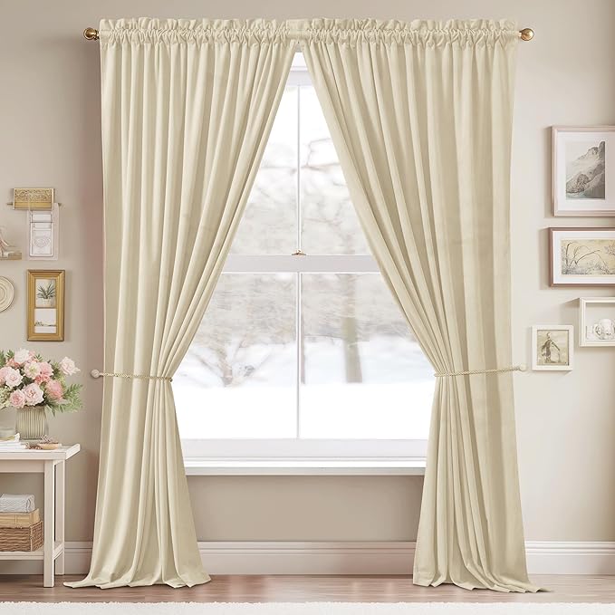 StangH Beige Velvet Curtains for Bedroom 96 inches Long, Luxury Light Dimming Privacy Protect Room Dividers Heavy Thick Sliding Door Drapes for Living Room, W62 x L96, 2 Panels