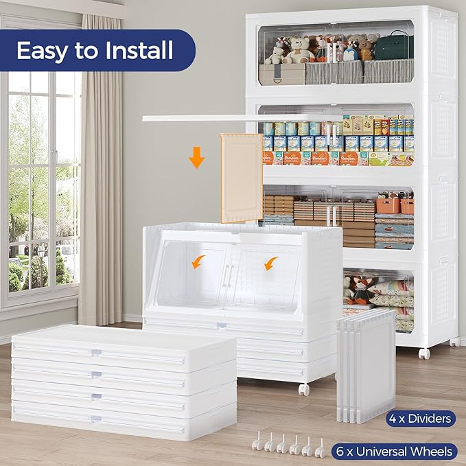 150GAL Storage Bins with Lid and Wheels, Stackable Closet Organizers and Storage Drawer, Collapsible Storage Box with Dividers, Foldable Plastic Cabinets for Room, Kitchen, 3 Pack White