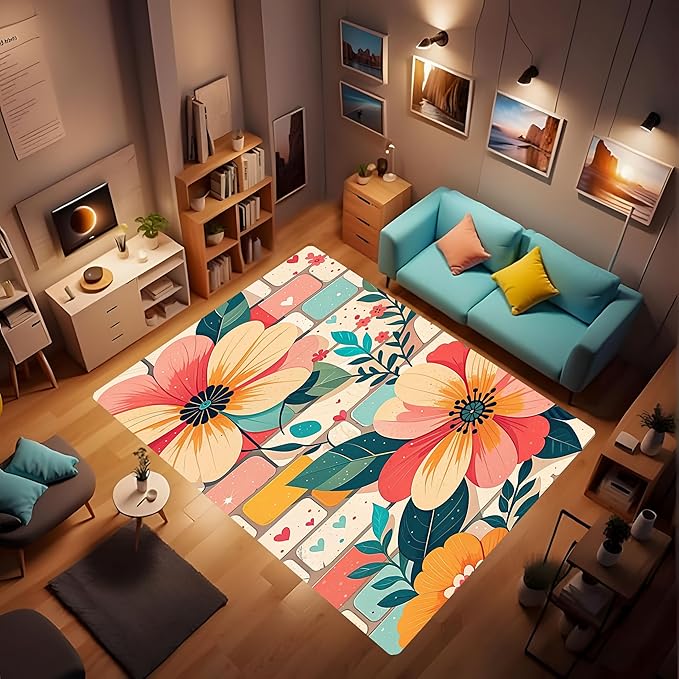 Machine Washable 2' x 3' Bohemian-Style Area Rug, Pink Floor mat, Suitable for bedrooms, Girls' Room Bedside, Living Room, Dining Room, Office, Non-Slip Low-Pile Printed Modern Floral Carpet