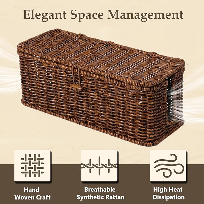 BROWNLILY Cable Management Box, Rattan Style Cord Organizer for Desk Cord Hider Outlet Covers Baby Proofing for Power Strip TV PC Router Charger Under Desk Storage with Lockable Lid and Cable Ties