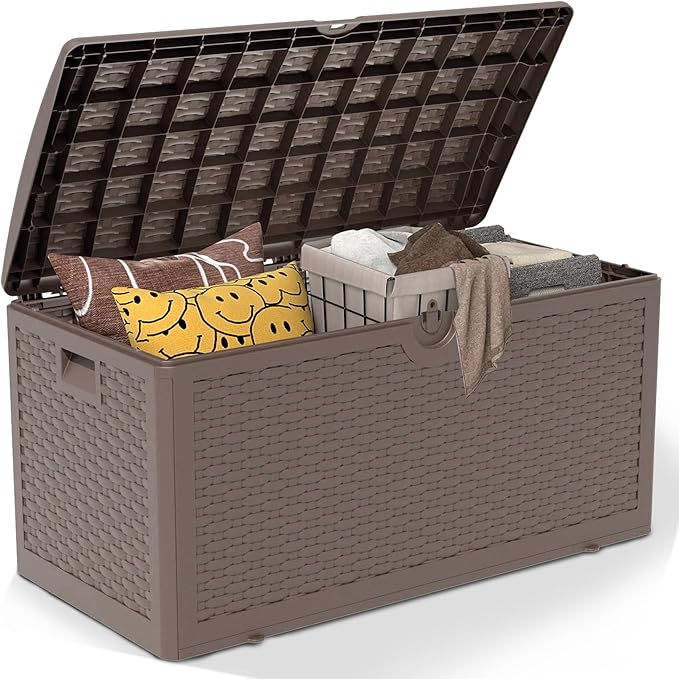 90 Gallon Pro Outdoor Storage Box Waterproof Lockable Resin Deck Box Large, Patio Storage Bin for Pool Accessories Cushion Furniture, Garden Tools, UV-Resistant Outside Delivery Brown