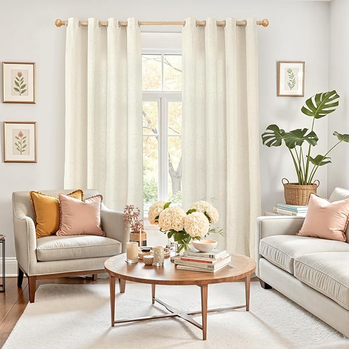 YoungsTex Beige Linen Curtains 84 Inches Long 2 Panels for Living Room, Light Filtering Semi Sheer Drapes with Grommet No See Through Privacy Window Treatments for Bedroom, 52 X 84 Inch