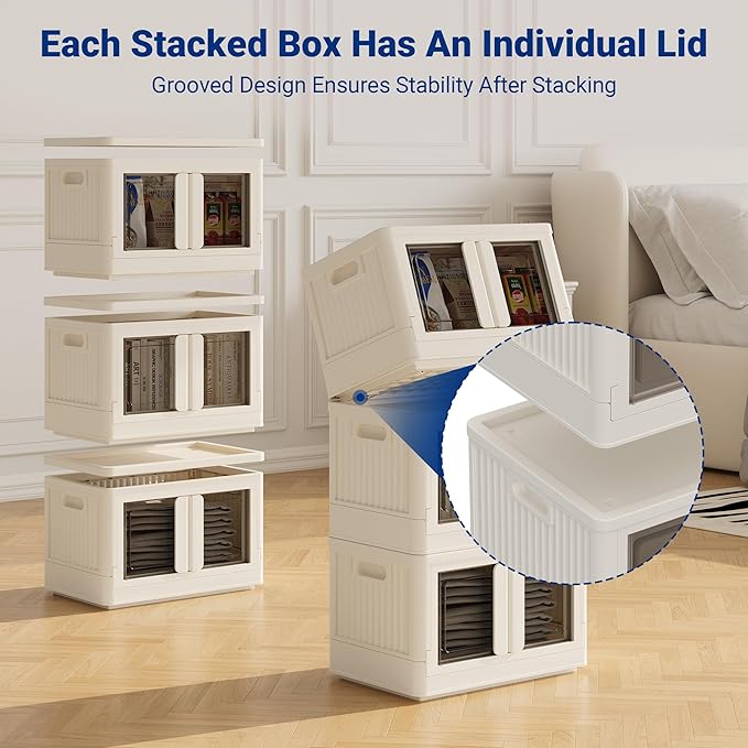 FLEXIMOUNTS 75 QT Stackable Storage Bins With Lids, Collapsible Plastic Storage Bins, Closet Organizers and Storage Containers with Doors and Built-in Wheels For Home, 2 Pack Cubes, Milky White