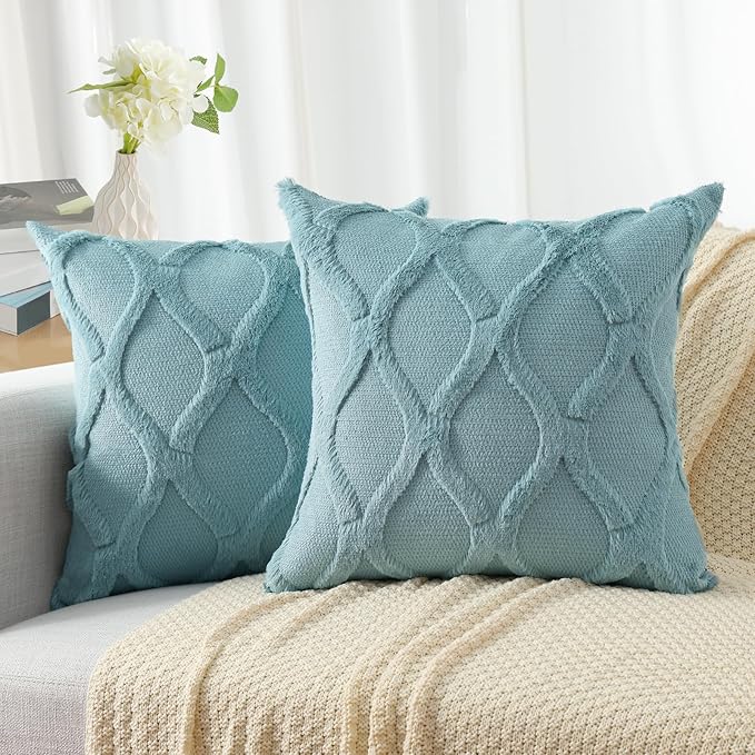 decorUhome Spring Throw Pillow Covers 18x18 Inch Set of 2, Soft Plush Faux Fur Wool Aqua Couch Pillow Covers, Decorative Neutral Pillow Cases for Bed Sofa Living Room Home Decor