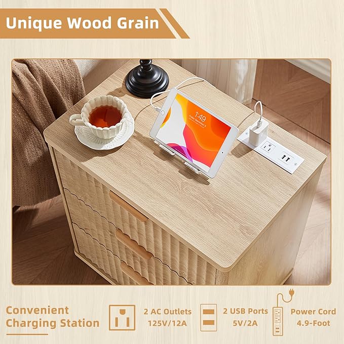 LEYAOYAO 48" Wide Fluted Dresser and 3 Drawers 23" Nightstand Set of 2, Wooden Dresser & Night Stand with Charging Station, 3 Piece Bedroom Furniture Set, Chest of Drawer for Living Room,Natural Wood