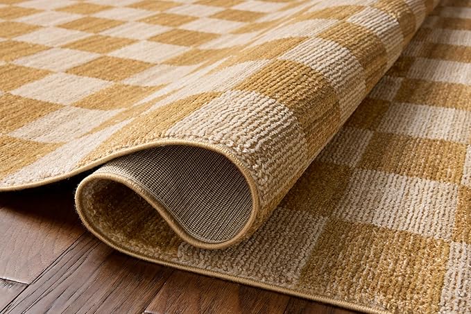 Loloi Chris Loves Julia Calvin Collection CLV-01 Apricot/Ivory 2'-7" x 7'-6" Runner Rug Checkered Neutral Soft Living Room Bedroom Carpet