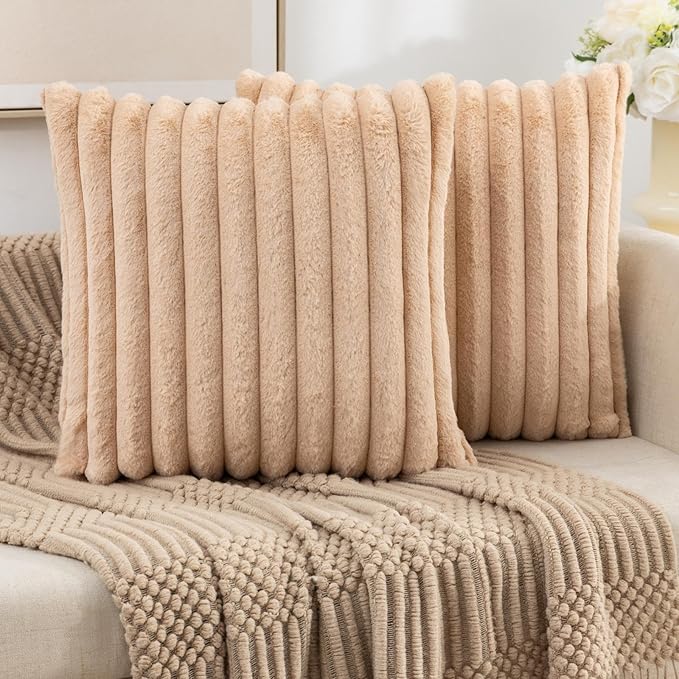 ZLINA Set of 2 Apricot Faux Fur Decorative Throw Pillow Covers Fluffy Striped Pillowcase Cushion Covers 26 x 26 Inch Decor Sofa Couch Bedroom