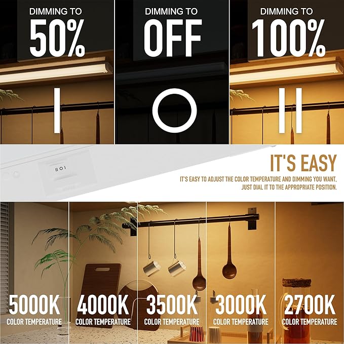 ZAGO 24 Inch Hardwired Under Cabinet Lighting - 5CCT Switchable, Undercounter Led Lights with Clamp Connector for Kitchen, 120V, 11W, 800-950LM, ETL & Damp Rated, White, 4 Packs