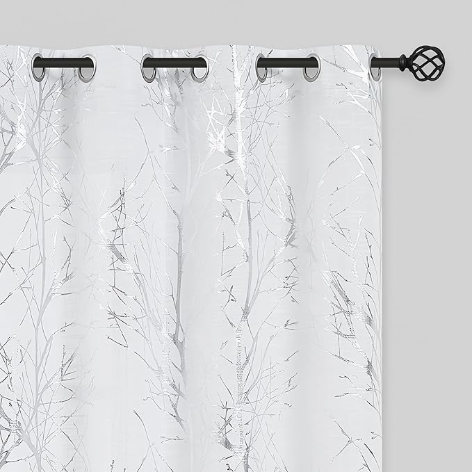 FMFUNCTEX Linen Semi Sheer Curtains for Living Room & Bedroom, Silver Metallic Print White Tree Panel, Light Filtering, 54 Inch Grommet Top 2 Panels