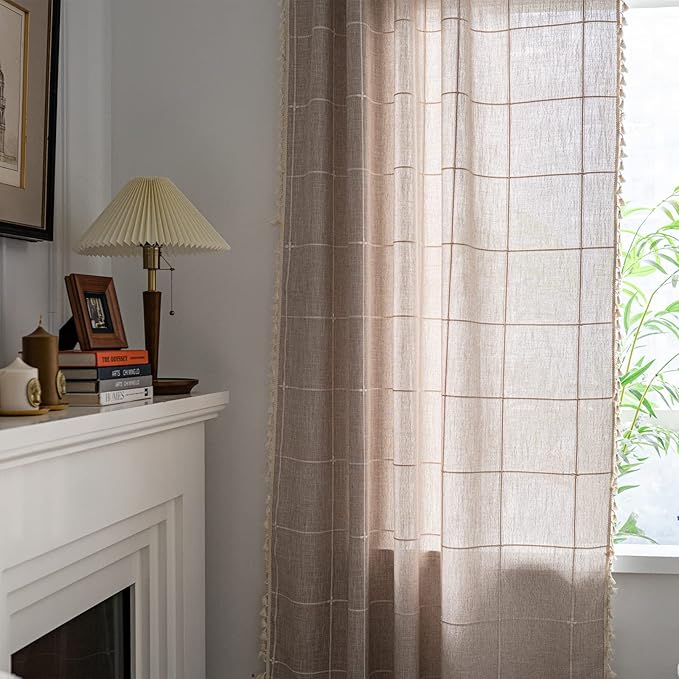Sutuo Home Boho Curtains for Bedroom 96 Inches Long, Light Filtering Country Farmhouse Vintage Shabby Chic Tassels Window Treatment Bohemian Grid Drape for Decor 1 Panel 52" W x 96" L, Natural Plaids