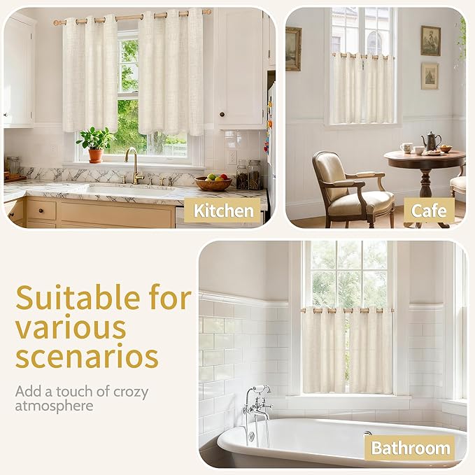 YoungsTex Linen Kitchen Window Curtains 48 Inch Length with Grommet, Short Light Filtering Drapes Semi Sheer Privacy for Bathroom Cafe Window, 34 x 48 Inch, 2 Panels