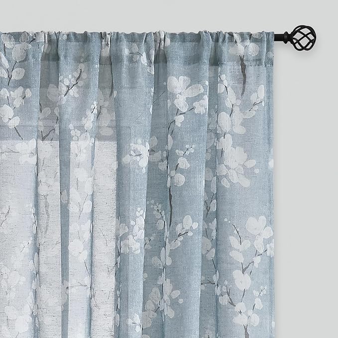 FMFUNCTEX Linen Sheer Curtains for Bedroom, Blue White Blossom Print Curtains 96 Inches Long for Living Room,Floral Patterned Farmhouse Curtain Light Filtering Window Drapes 2 Panels, Rod Pocket