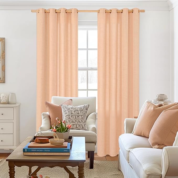 YoungsTex Peach Linen Curtains 95 Inch Length for Living Room, Coral Semi Sheer Drapes Extre Long Light Filtering with Bronze Grommet for Bedroom Dining, 52 x 95 Inch, 2 Panels
