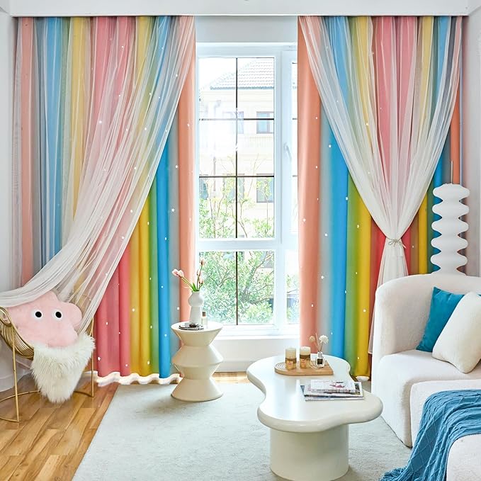 Star Curtains - Blackout & Rainbow Kids Bedroom Curtains, 72 Inch Long, 2 Panels, Red, Yellow & Blue