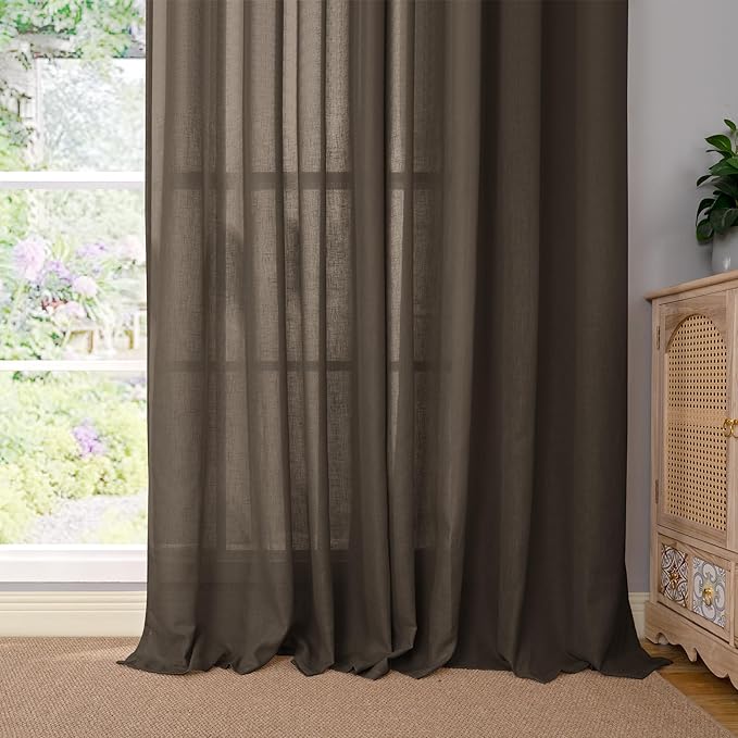 YoungsTex Brown Linen Semi Sheer Curtains 80 Inches Long for Living Room, Chocolate Light Filtering Drapes with Grommet Privacy Decorative for Bedroom, 2 Panels, 52 X 80 Inch