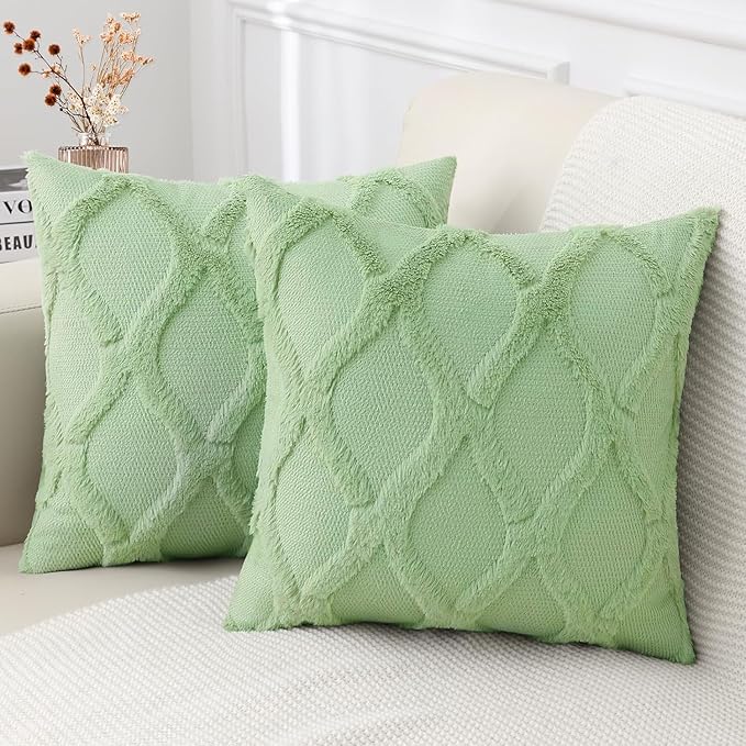decorUhome Spring Throw Pillow Covers 18x18 Inch Set of 2, Soft Plush Faux Fur Wool Sage Green Couch Pillow Covers, Decorative Neutral Pillow Cases for Bed Sofa Living Room Home Decor