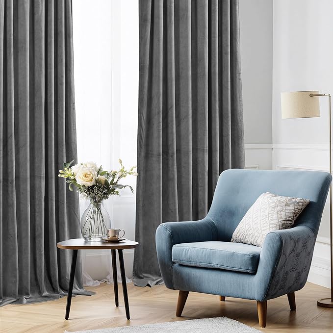StangH Grey Blackout Velvet Curtains 63 inch - Elegant Super Soft Thick Velvet Curtains with Dual Rod Pocket for Boys Room, W52 x L63-inch Per Panel, Set of 2