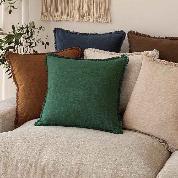 Foindtower Set of 2 Decorative Linen Fringe Throw Pillow Covers Cozy Boho Farmhouse Cushion Cover with Tassels Soft Accent Pillowcase for Couch Sofa Bed Living Room Home Decor, 18×18 Inch, Pine Green