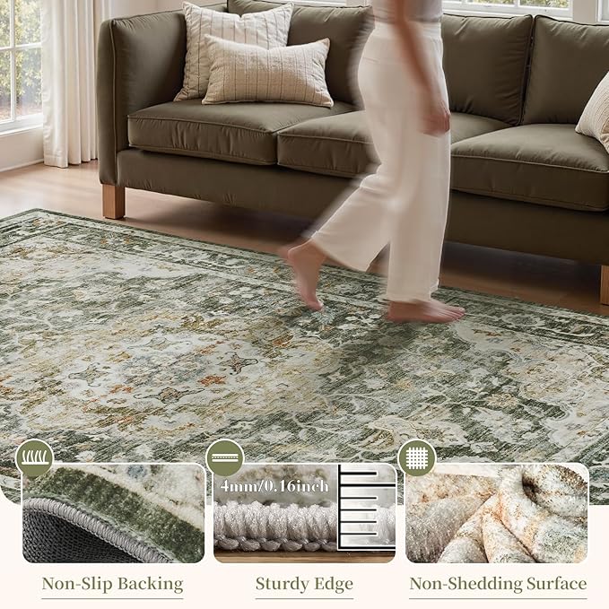 PADOOR 5X7 Area Rug,Rugs for Living Room,Soft Olive Rugs for Bedroom,Machine Washable Rug Non Slip Carpet for Dining Room Living Room Bedside Office