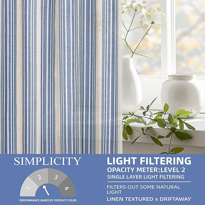DriftAway Farmhouse Vertical Striped Linen Blend Textured Light Filtering Semi Sheer Curtains for Living Room Bedroom 36 Inches Long Drapes 2 Panels Broad Striped Jean Navy
