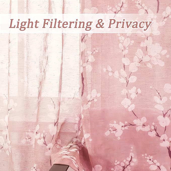 FMFUNCTEX Linen Sheer Curtains for Bedroom, Blush Pink Blossom Patterned 96 Inches Long for Kids Room Girl's Room, Floral Patterned Drapes Light Filtering for Living Room, Rod Pocket 2 Panels