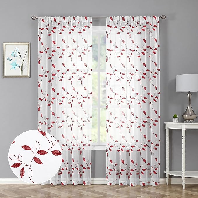 Tollpiz Burgundy Red Leaf Sheer Curtain Leaves Embroidered Living Room Curtains Rod Pocket Voile Window Treatment for Bedroom, 54 x 72 inches Long, Set of 2 Panels