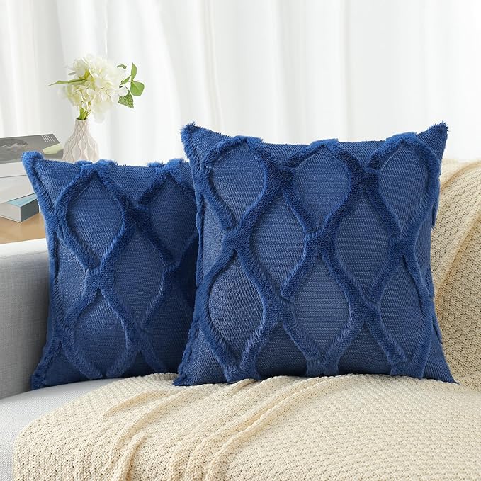 decorUhome Spring Throw Pillow Covers 20x20 Inch Set of 2, Soft Plush Faux Fur Wool Dark Blue Couch Pillow Covers, Decorative Neutral Pillow Cases for Bed Sofa Living Room Home Decor