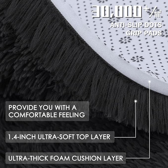 OLANLY Black Round Rugs for Bedroom - Machine Washable, 9 ft Circle Area Rugs for Living Room, Soft and Fluffy Shaggy Carpet for Teen Girls and Boys, Nursery Rooms, Dorms, Home Decor Aesthetic