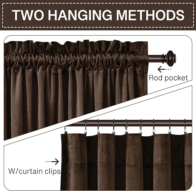 StangH 90 inch Length Brown Curtains Light Blocking Velvet Window Drapes for Dining Room, Farmhouse Rod Pocket Thermal Insulated Panels for Bedroom, W52 x L90, 2 Panels