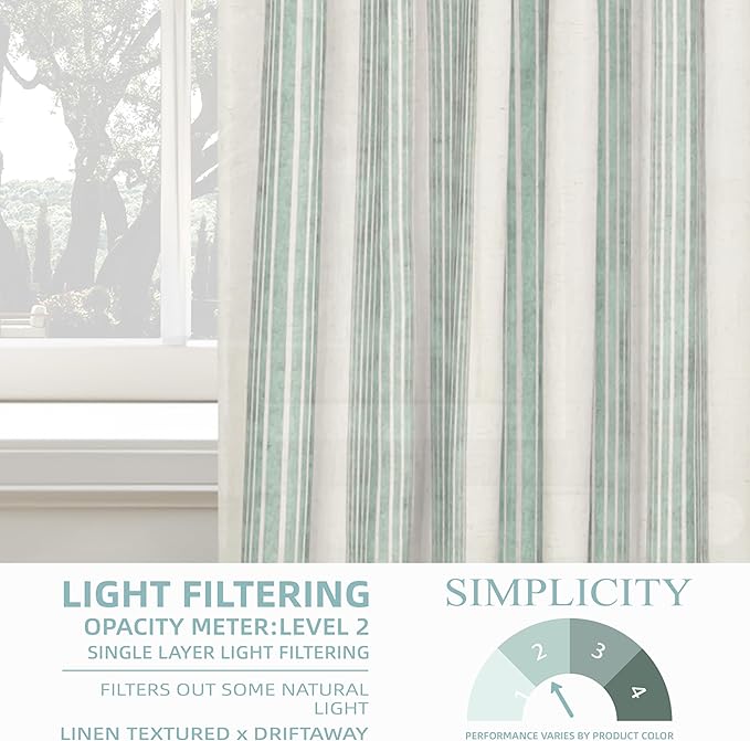 DriftAway Farmhouse Vertical Striped Linen Blend Textured Light Filtering Semi Sheer Curtains for Living Room Bedroom 63 Inches Long Drapes 2 Panels Broad Striped Green