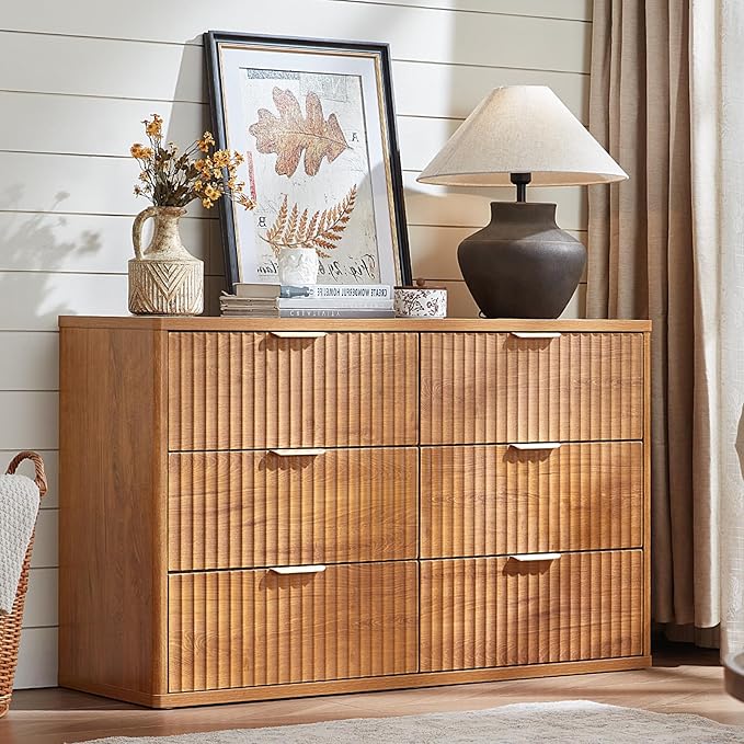 LEYAOYAO 48" Wide Fluted Dresser and 3 Drawers 23" Nightstand Set of 2, Wooden Dresser & Night Stand with Charging Station, 3 Piece Bedroom Furniture Set, Wood Chest of Drawer for Living Room,Brown