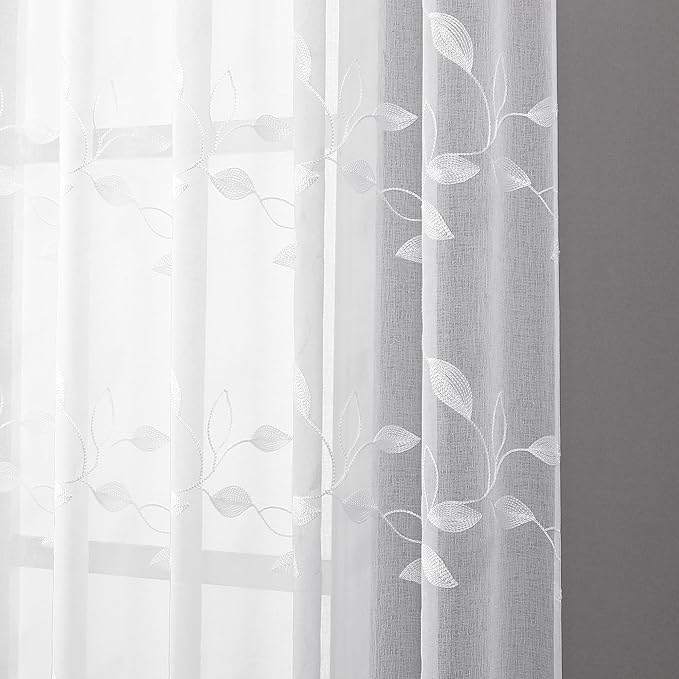 Tollpiz White Leaf Sheer Tier Curtain Leaves Embroidered Kitchen Curtains Rod Pocket Voile Bathroom Window Treatment for Cafe, 30 x 36 inches Long, Set of 2 Panels