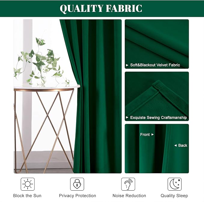 nanbowang Green Velvet Curtains 63 Inches Long Light Blocking Rod Pocket Window Curtain Panels Set of 2 Heat Insulated Curtains Blackout Thermal Curtain Panels for Bedroom 2 Panels