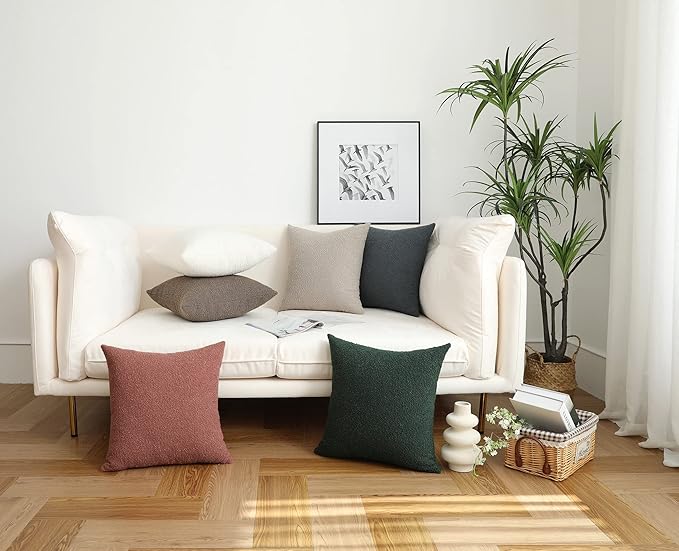 Jeneoo Light Brown Decorative Square Thick Throw Pillow Covers Fine Textured Boucle Couch Cushion Cases for Living Room Sofa Home Decor, Set of 2, 18 x 18 Inch
