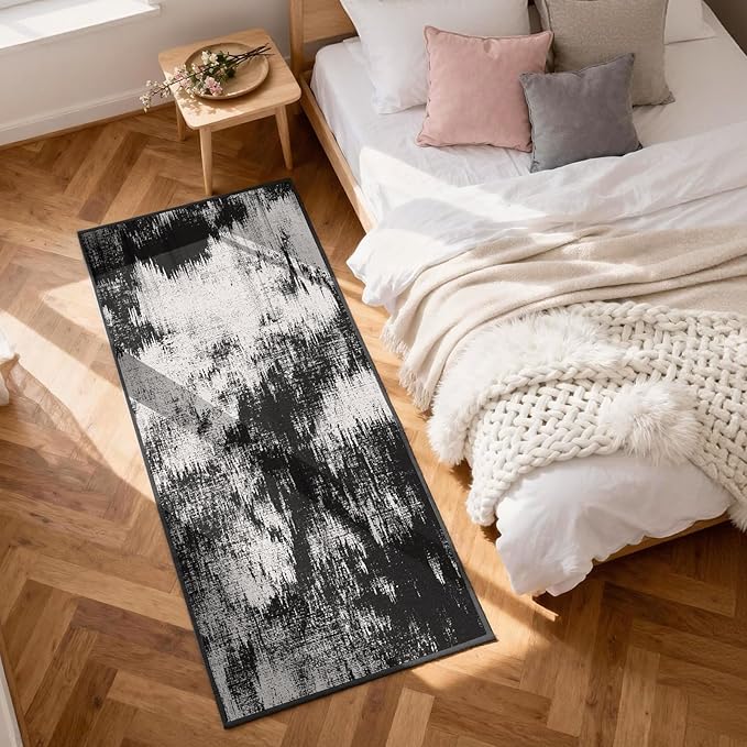 3x6 Kitchen Hallway Runner Rug: Long Washable Rug Runner Non-Slip Indoor Abstract Rugs - Low Pile Soft Floor Runners for Bedroom Living Room Dining Entryway Bathroom Laundry Black White 3x6