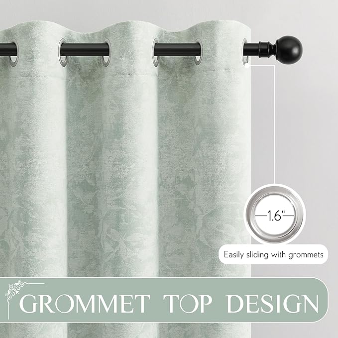 Beauoop Green Floral Jacquard Blackout Curtains 96 Inches Long 2 Panels for Bedroom Living Room Sage Flower Chenille Room Darkening Thermal Insulated Soundproof Grommet Window Treatments Drapes, 52x96
